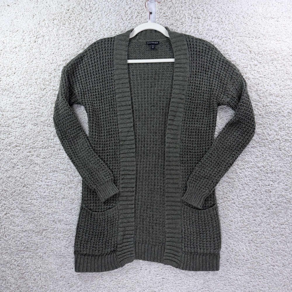 Express Cardigan Womens XS Green Open Front Waffle Knit Long Sleeve Sweater